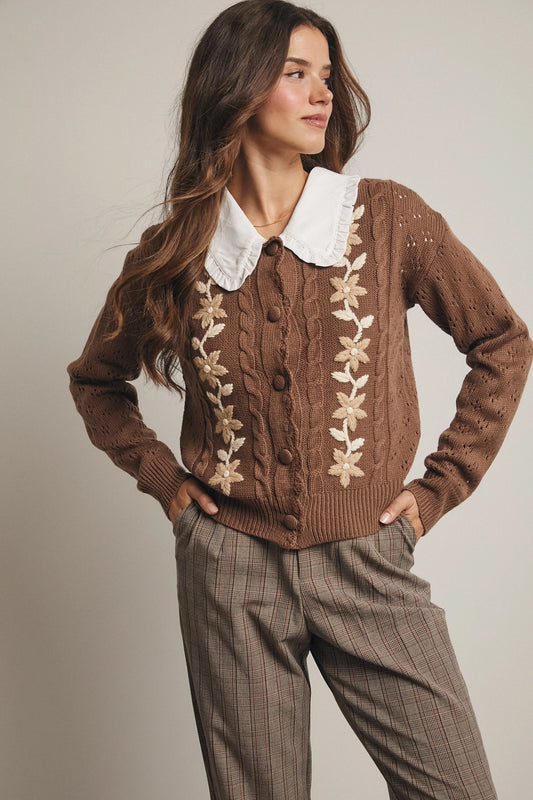 Floral Embroidered Cardigan (Mocha)