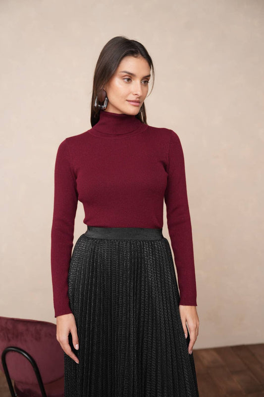 Ribbed Lurex turtleneck - Burgundy / One size