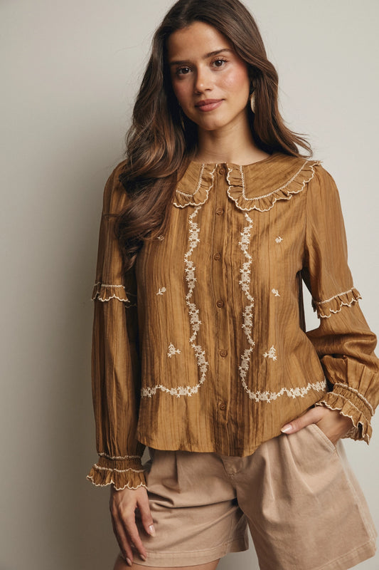 Embriodered Ruffle Blouse (Pecan)