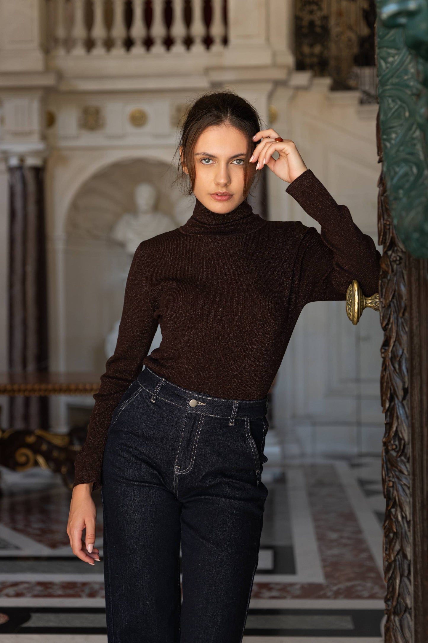 Ribbed Lurex turtleneck sweater ~ Choco / One size