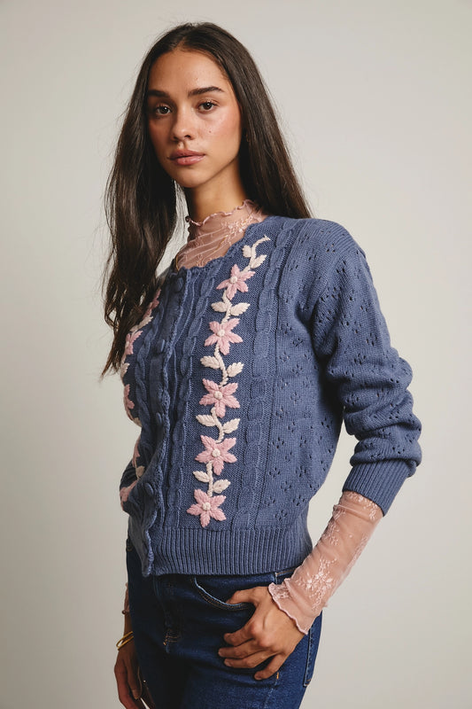 Floral Embroidered Cardigan (Blue)