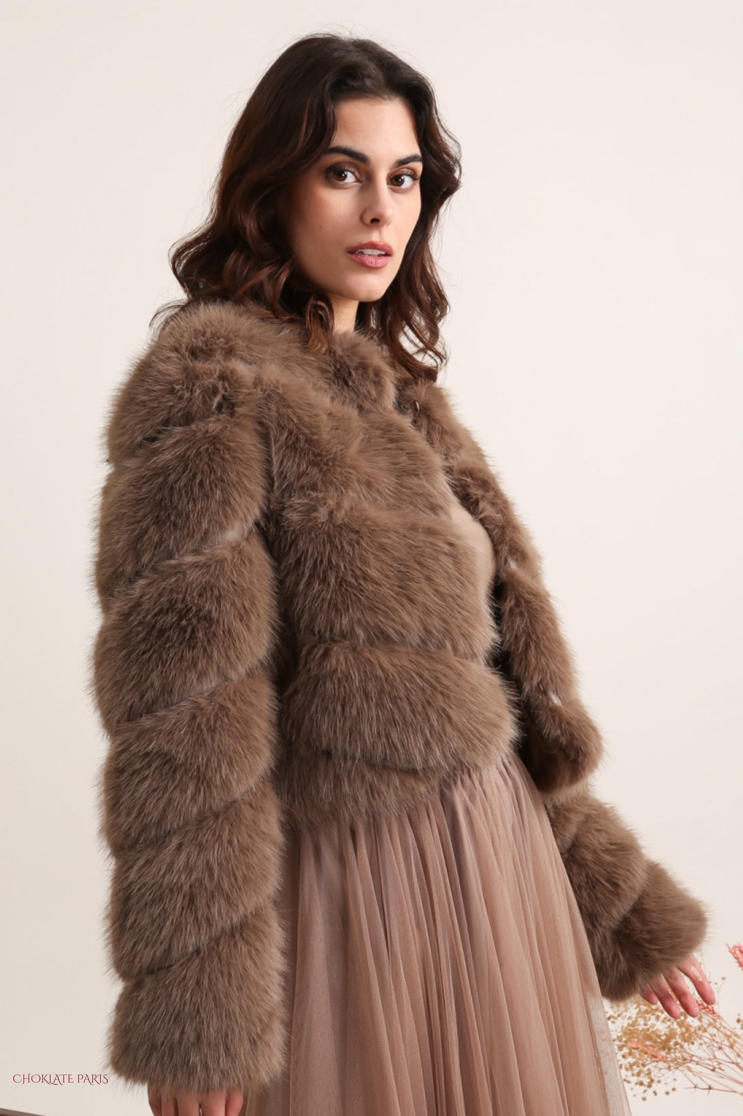 Paula short faux fur jacket - Dark taupe / One size
