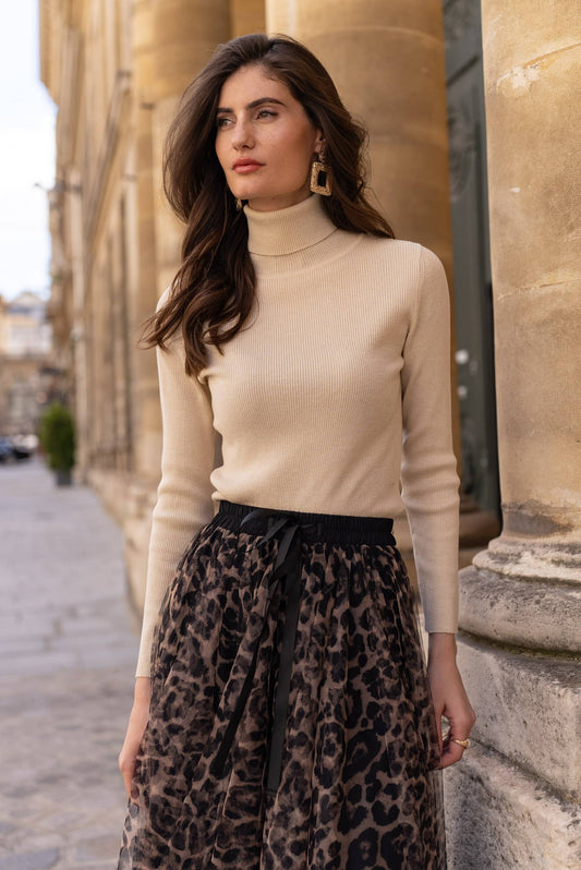 Ribbed Lurex turtleneck  - Beige / One size