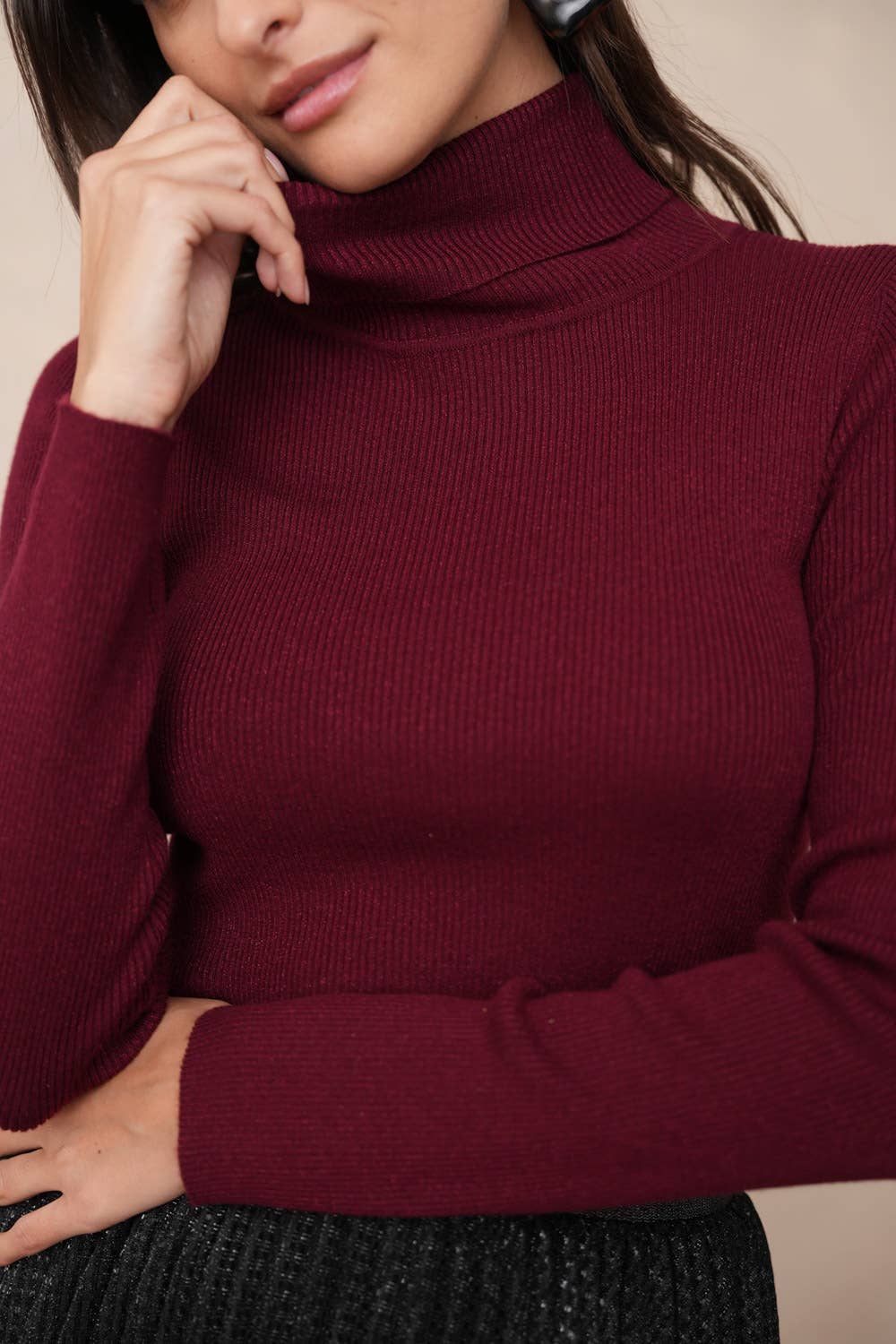 Ribbed Lurex turtleneck - Burgundy / One size