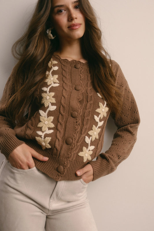 Floral Embroidered Cardigan (Mocha)