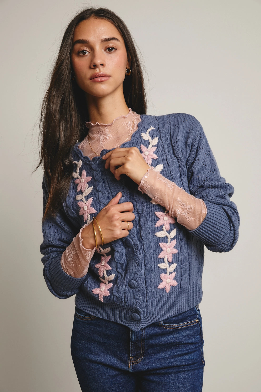 Floral Embroidered Cardigan (Blue)