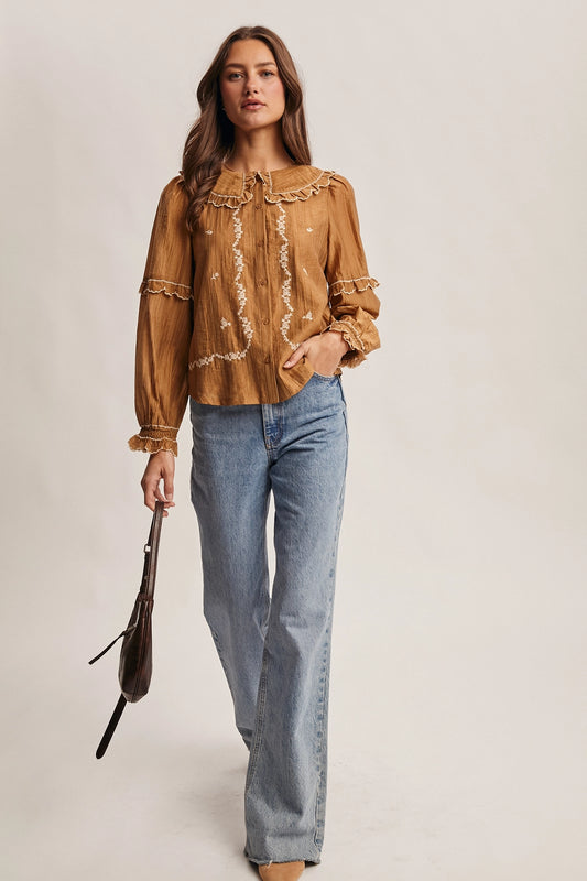 Embriodered Ruffle Blouse (Pecan)