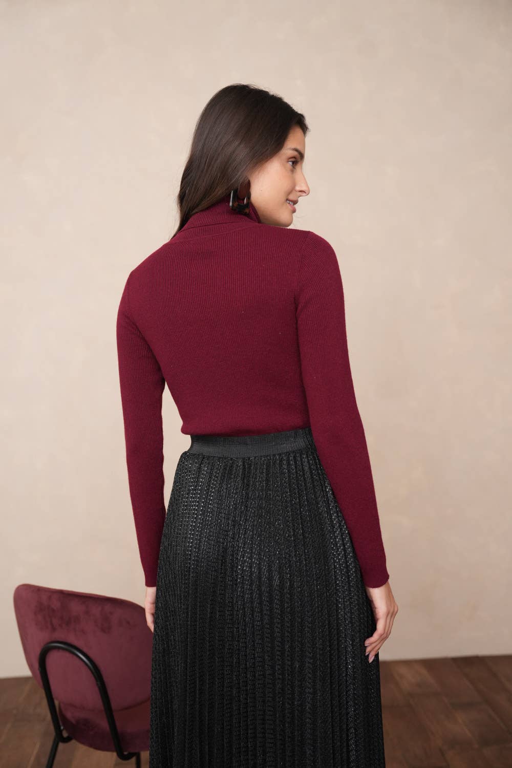 Ribbed Lurex turtleneck - Burgundy / One size