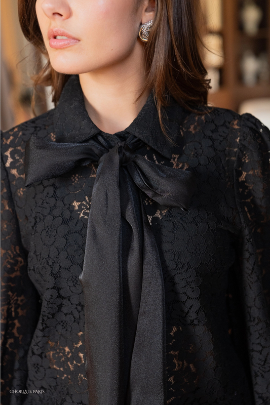 COMING SOON..... Charlotte lace shirt with removable bow - Black