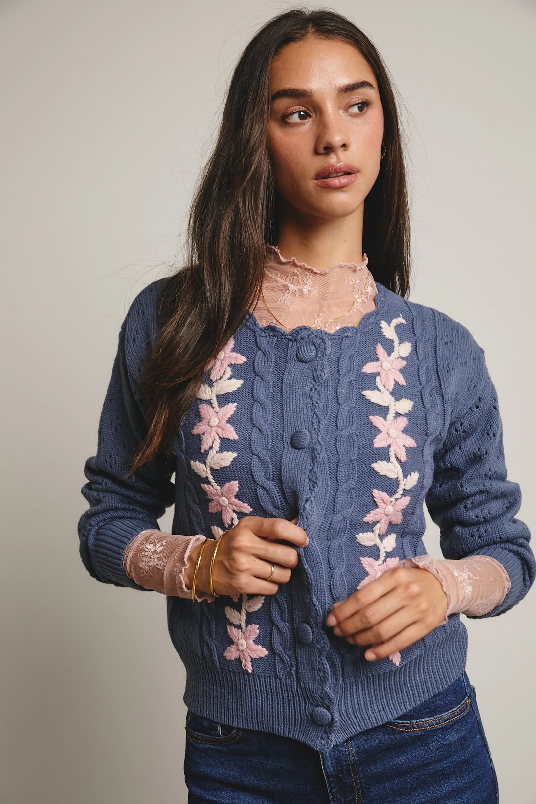 Floral Embroidered Cardigan (Blue)