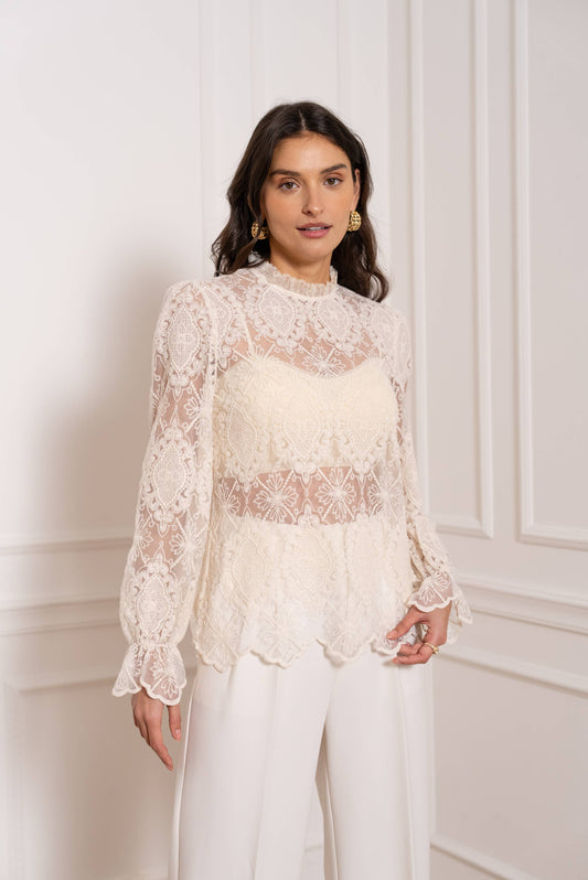 High-neck lace blouse - Cream